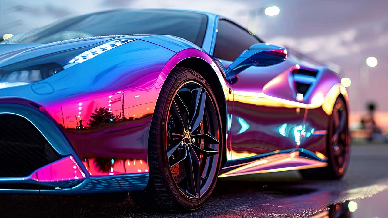 Ferrari with an iridescent custom wrap on a slick street